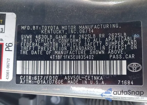 2014 Toyota Camry Le from USA, damaged, VIN 4T1BF1FK5EU835402